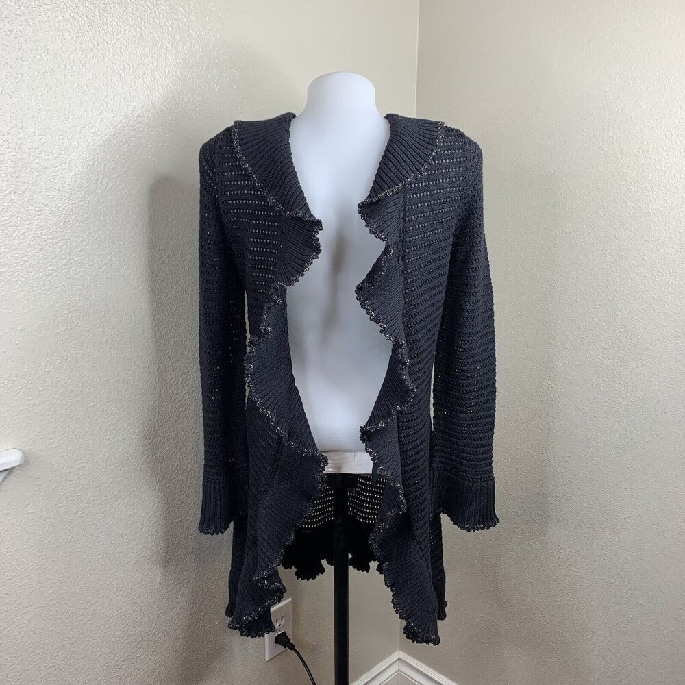 Oscar de la Renta Cardigan Sweater M Open Knit Crochet Y2K Ruffle Dark Dark Blue